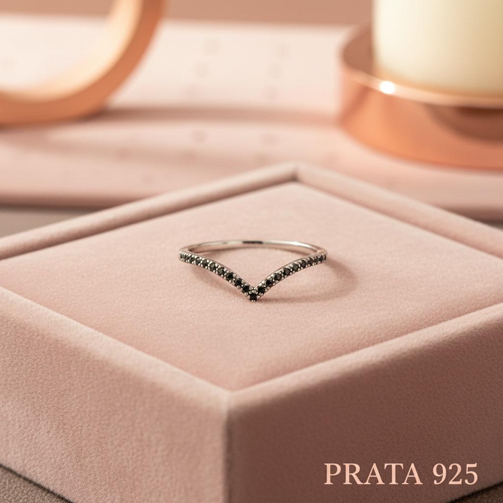 Anel Prata 925 Zircônia Preta